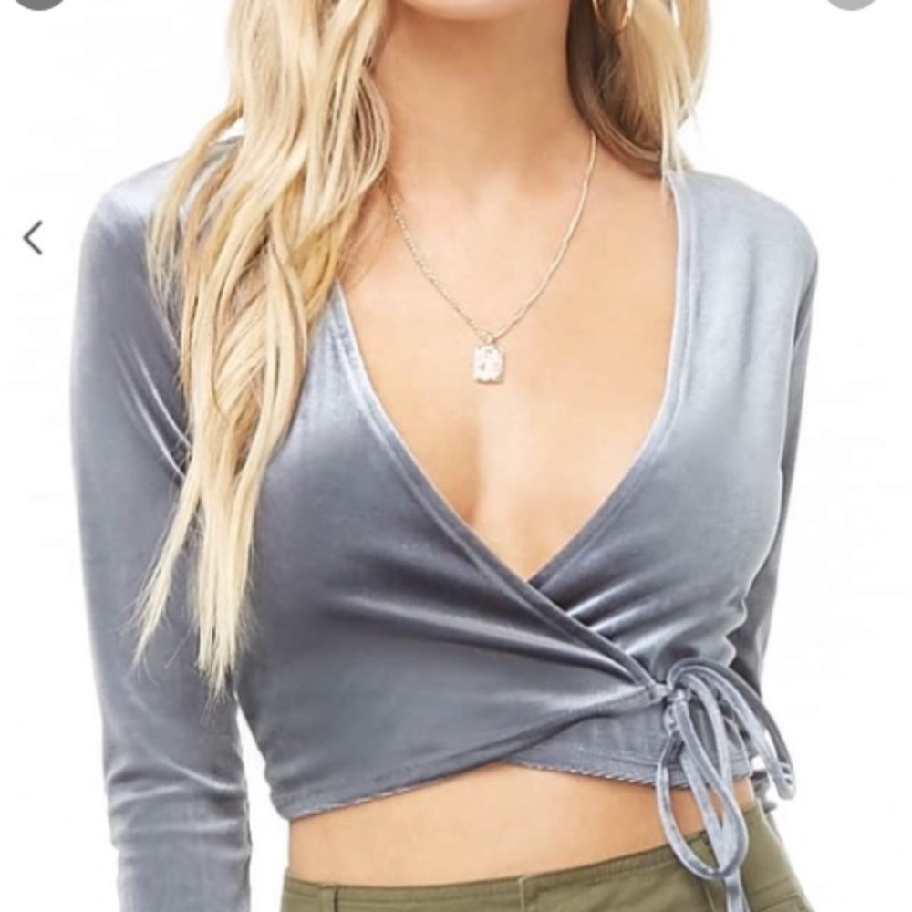 Blue Cropped Velvet Wrap Top